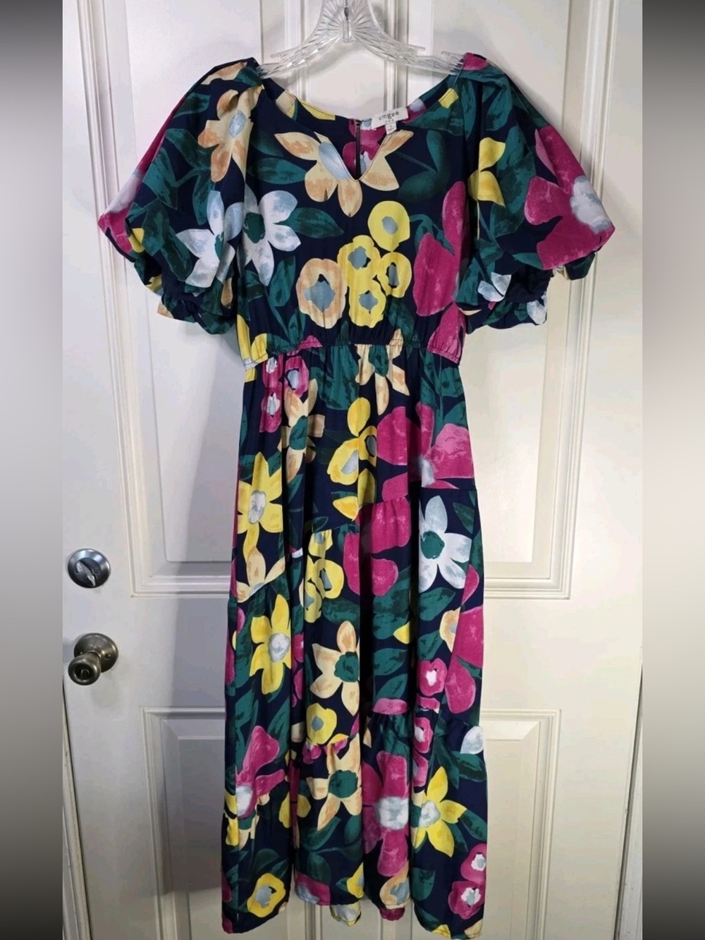 Umgee Navy Floral Maxi Dress with Yellow & Pink Blooms